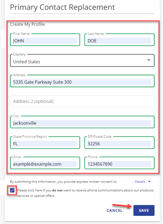 Replace Primary Contact Replacement Page Create My Profile section