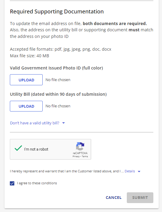 Contact Email Replacement Required Supporting Documentation section