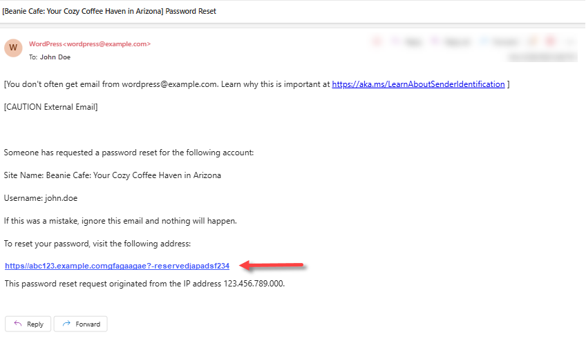 Reset WordPress Password - Click the reset password link