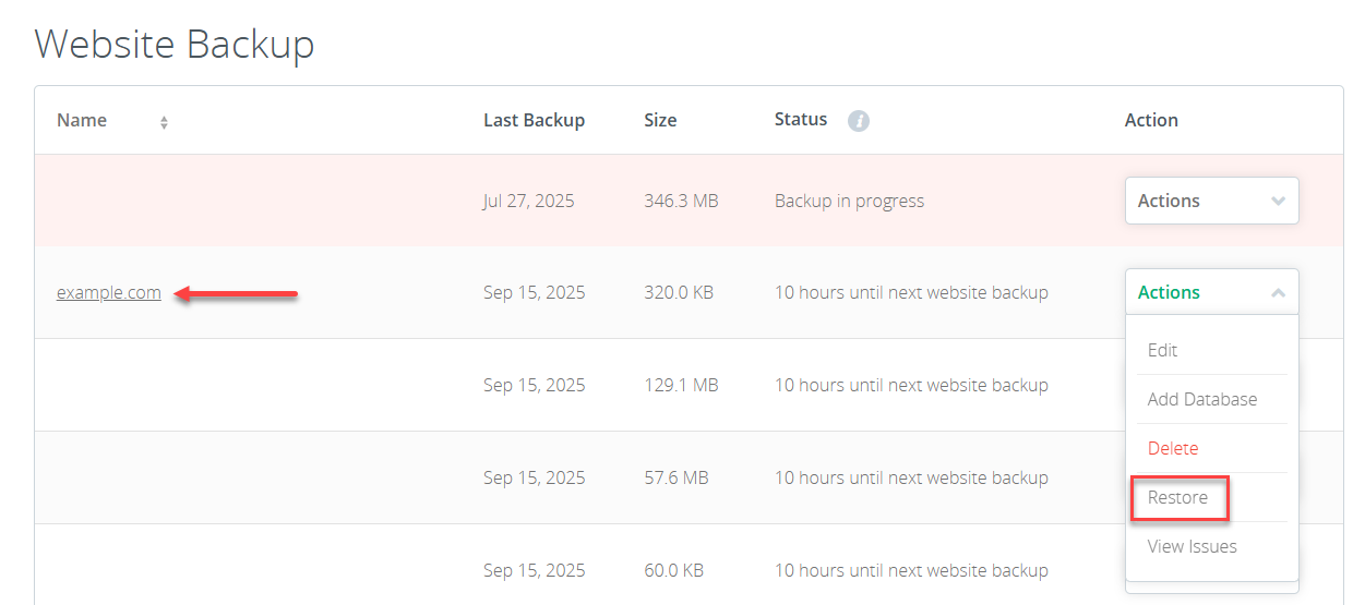 Codeguard Dashboard Website Backup