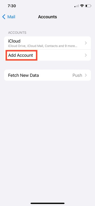 Bluehost iPhone or iPad Settings -Add Accounts