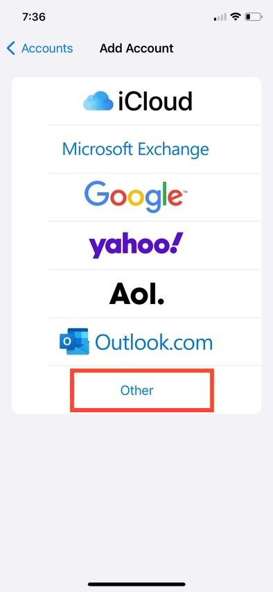 Bluehost iPhone or iPad Settings -Add Accounts Other