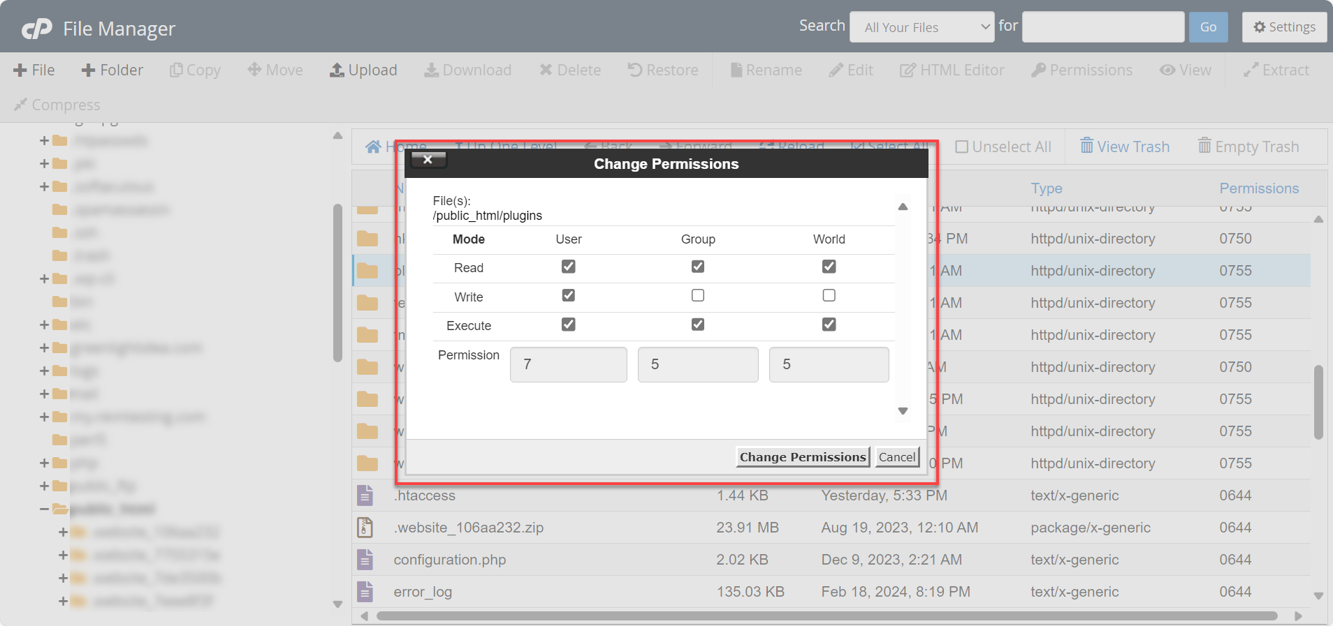 Folder permissions set to 755