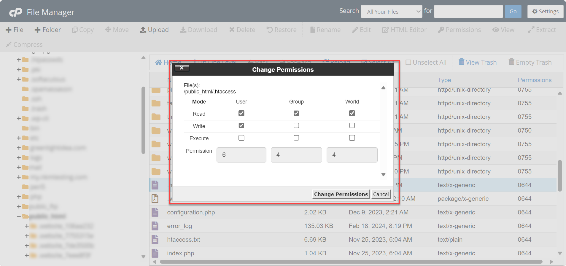 Folder permissions set to 644