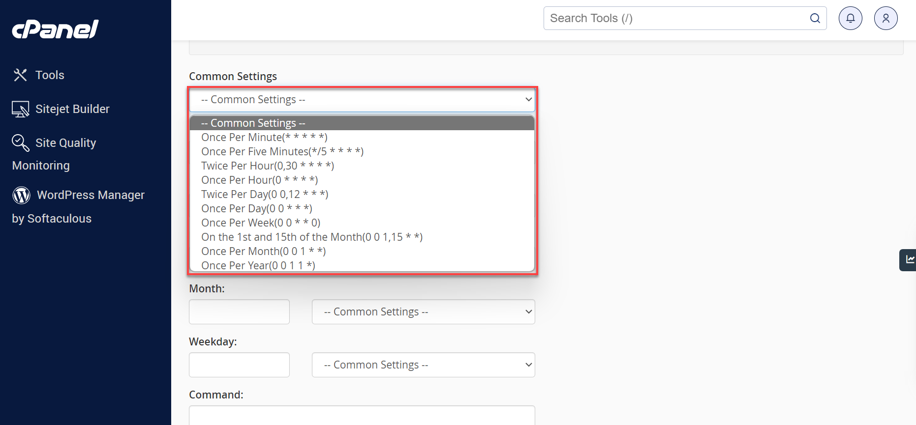 Common Settings drop-down