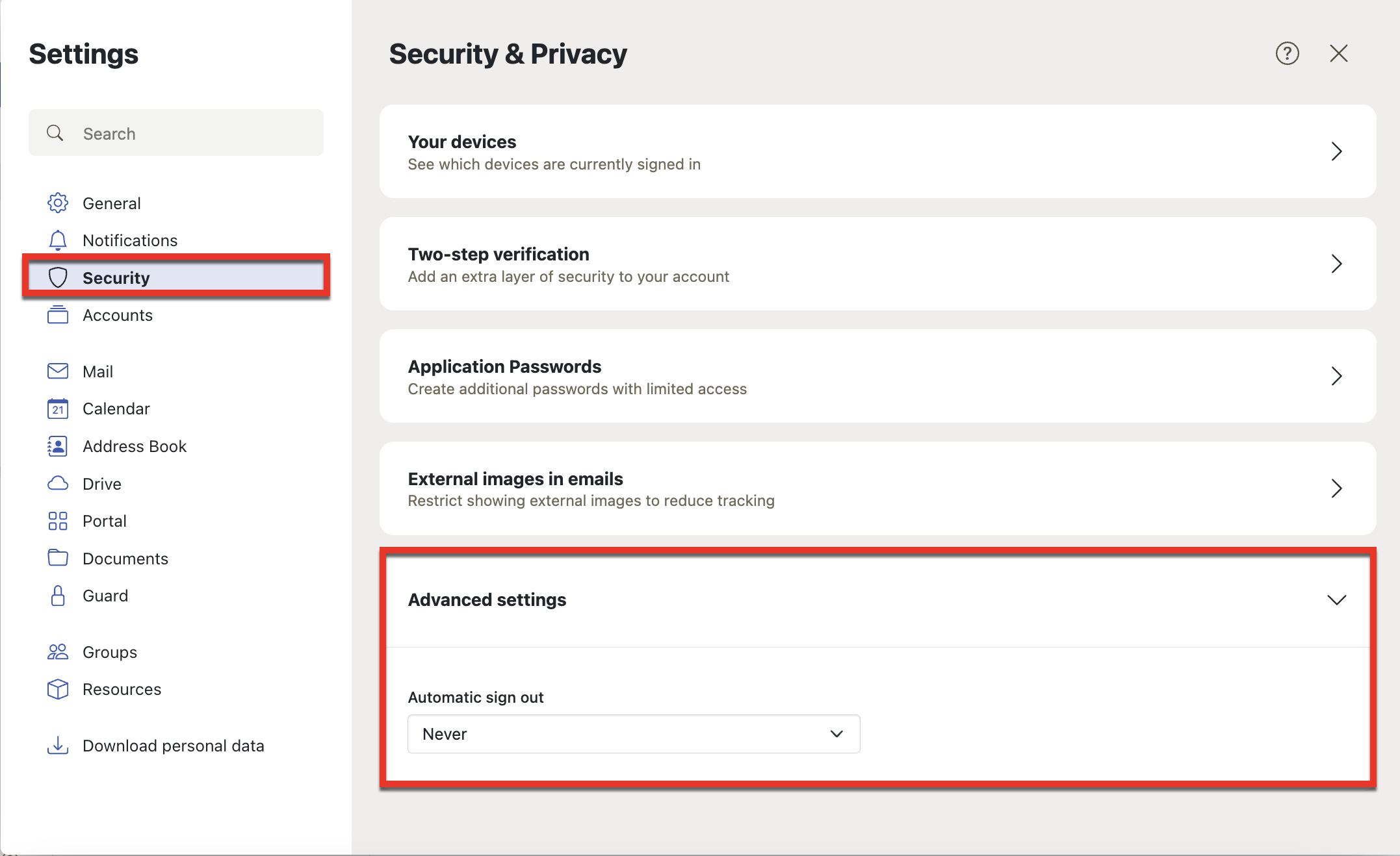 Security Advanced Settings