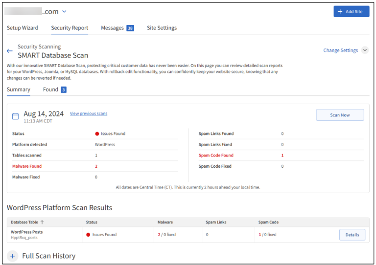 SMART Database Scan Summary Tab