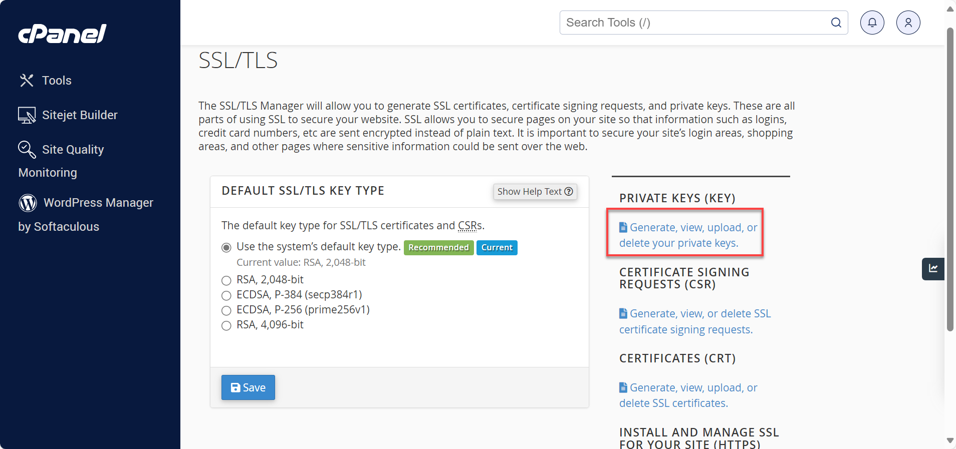 Generate, view, upload, or delete your private keys link