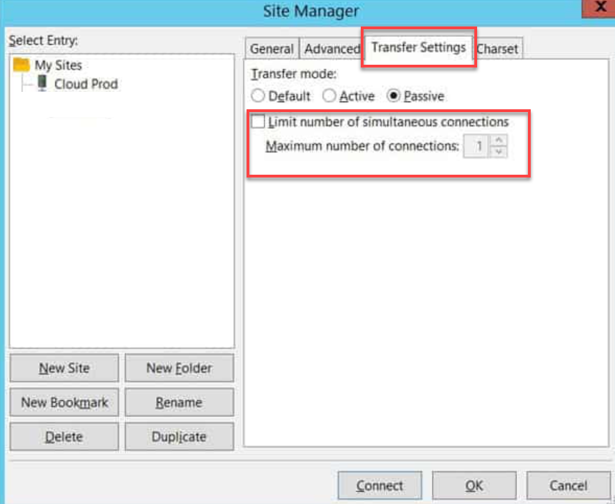 Transfer Settings tab and Limit number of simultaneous connections checkbox