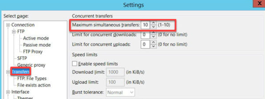 Transfer settings tab and Maxmium simultaneous transfers option