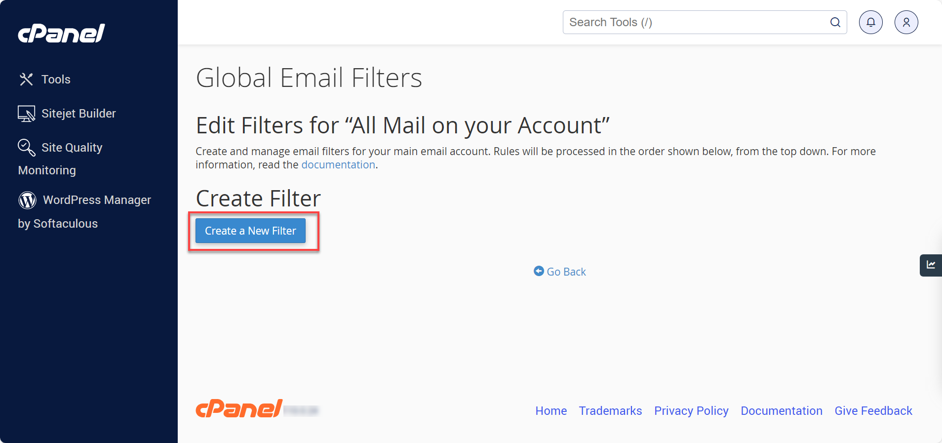 Configure Global Email Filters - Create New Filter