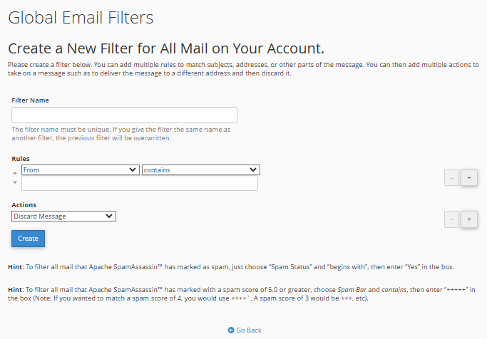 Configure Global Email Filters - Enter required details