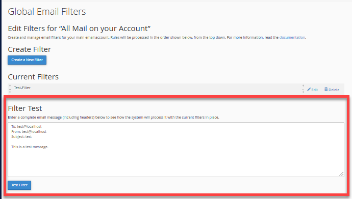 Global Email Filters - Filter test