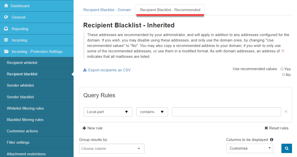 Recipient Blacklist - Inherited tab and its settings
