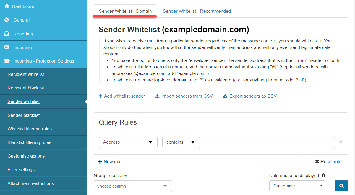Sender Whitelist - Domain tab and its settings
