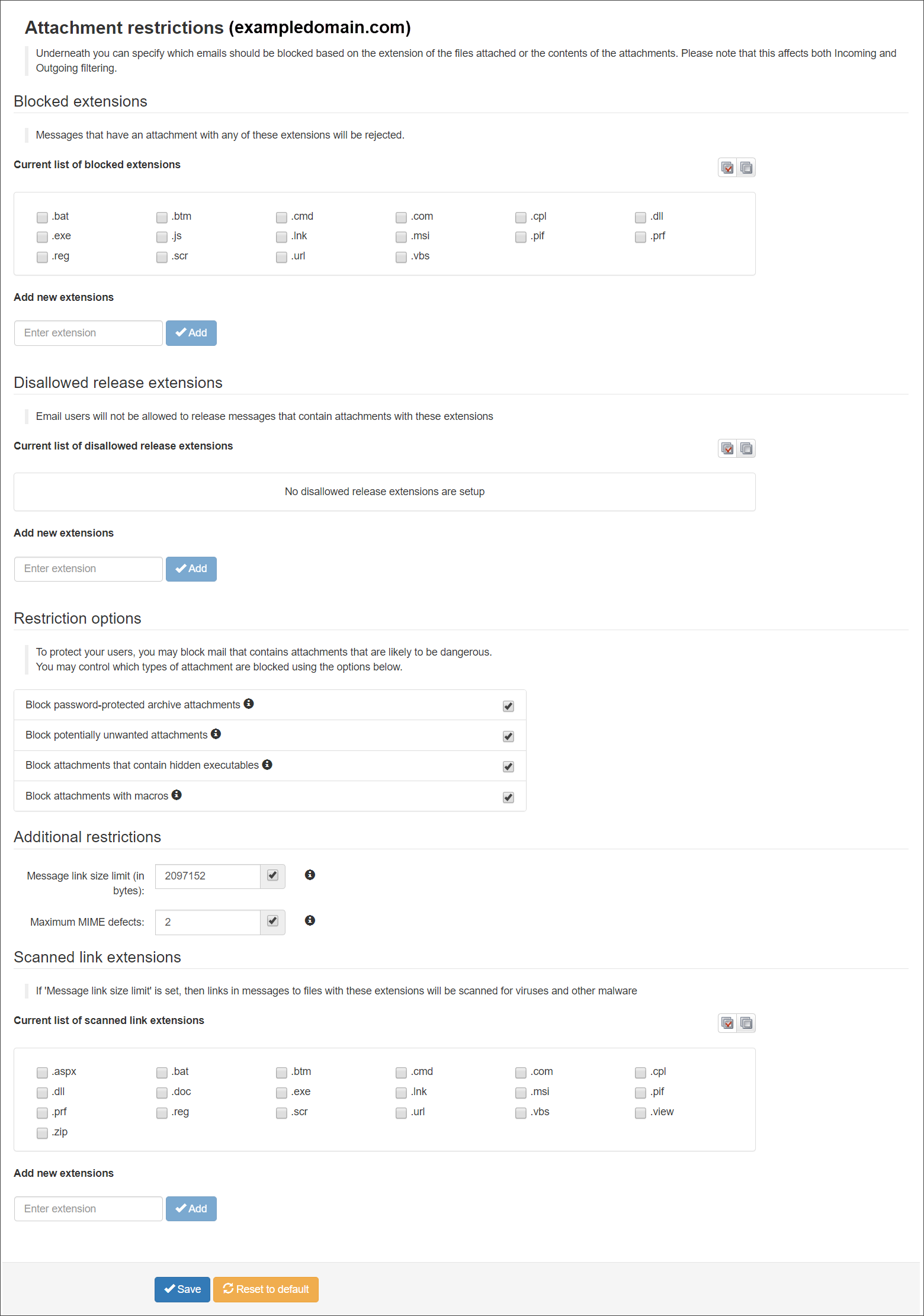 Attachment restrictions settings