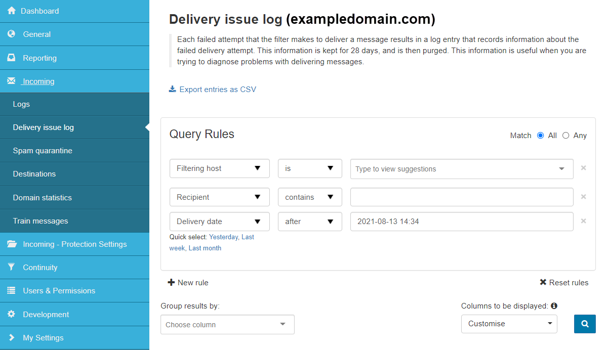 Delivery issue log settings