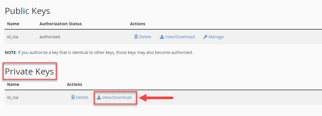 Manage SSH Keys - View/Download Private Key