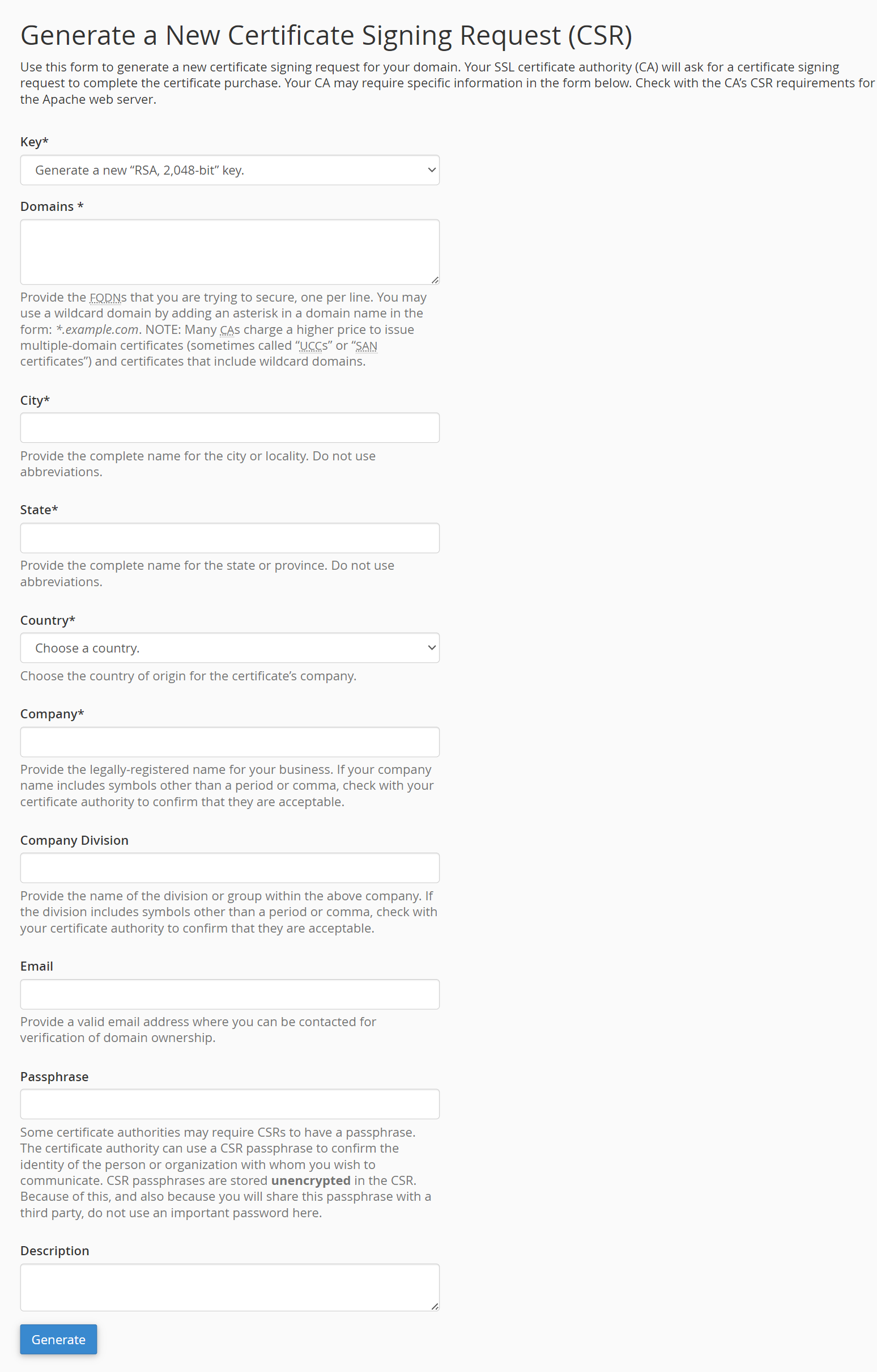 Required fields to fill out to generate CSR