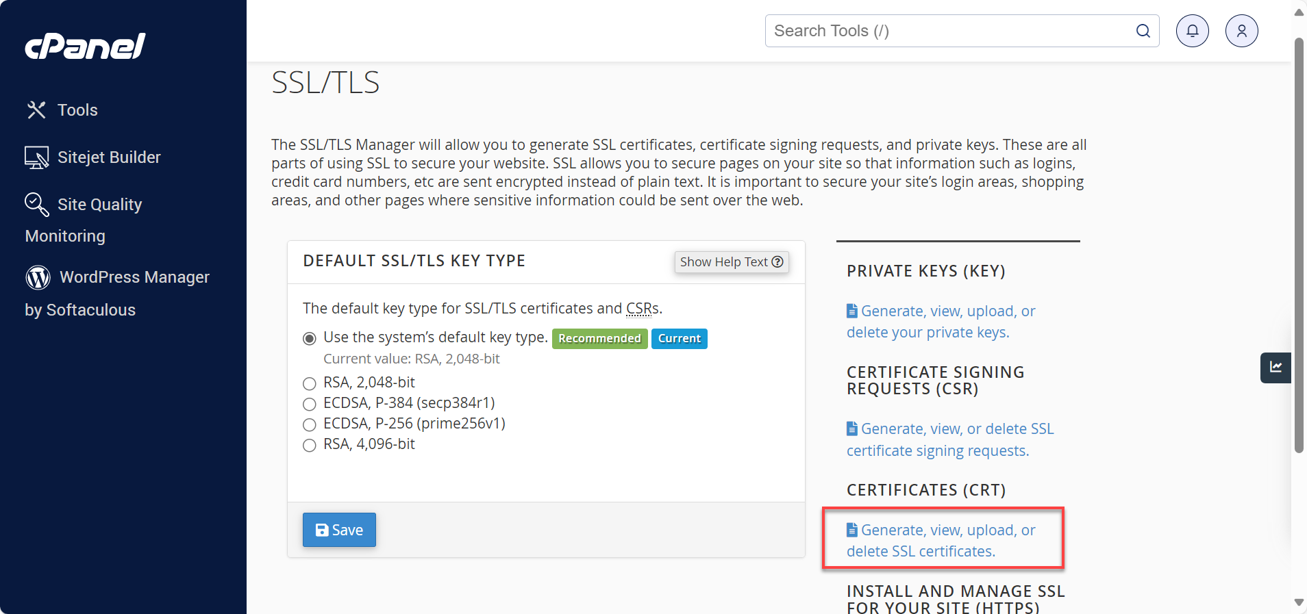 Generate, view, upload, or delete SSL certificates link