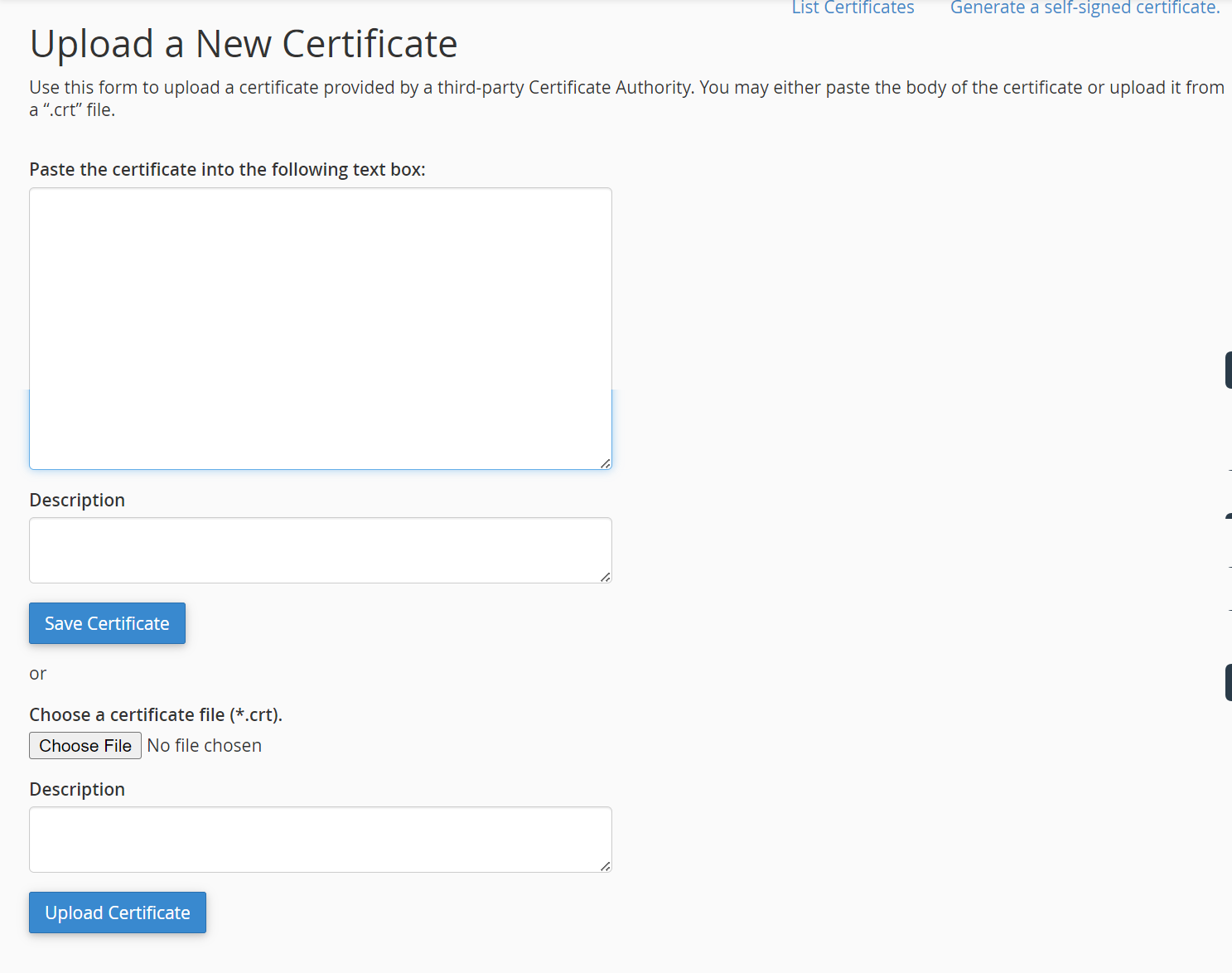 Fields required to upload new certificate