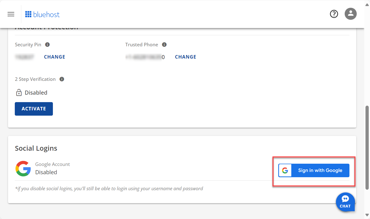 Social Logins section