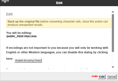 BH cPanel - File manager - .htaccess - Right Click - Edit - Dialogue Box - Edit