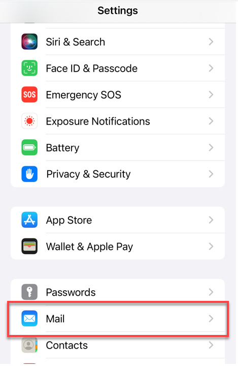 Mail option within Settings