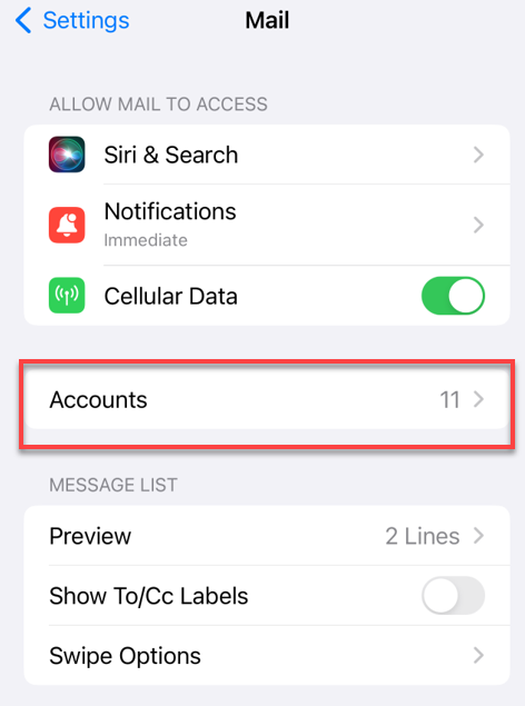 Accounts option within Mail Settings