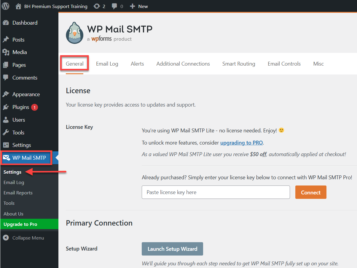 Settings and WP Mail SMTP option
