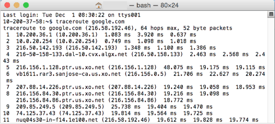 Example of traceroute on Mac OS X Environment