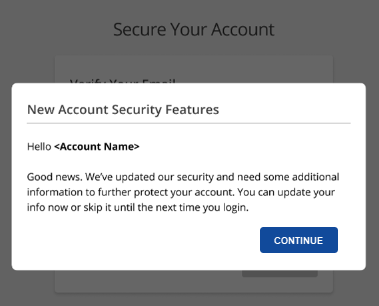 New Account Security Features pop-up
