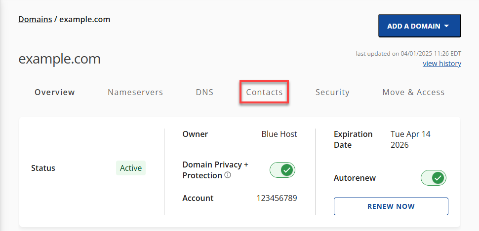 Bluehost Account Manager Domains Tab - Contacts Subtab