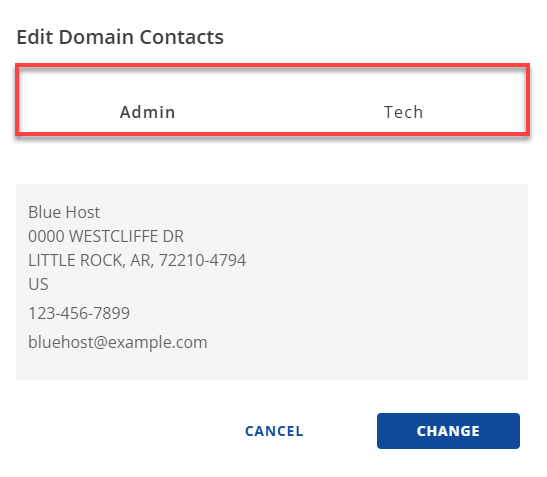 Bluehost Account Manager Domains Tab - Contacts Subtab - Select Admin and Tech