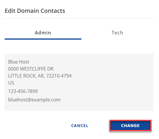 Bluehost Account Manager Domains Tab - Contacts Subtab - Add User Change Button