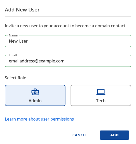 Bluehost Account Manager Domains Tab - Contacts Subtab - Add User Invite
