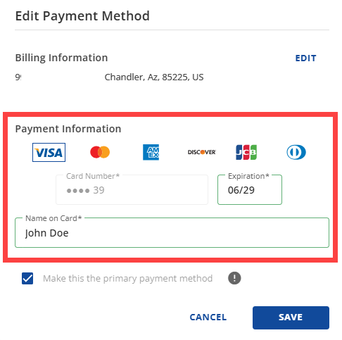 Account Manager - Payment Methods - Change CC/Name