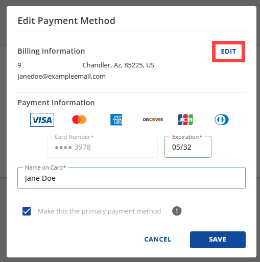Account Manager - Payment Methods - Edit Billing Info