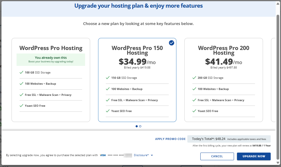 Upgrade Hosting Plan - Select hosting plan