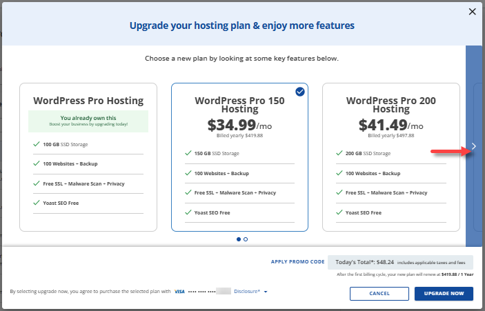 Upgrade Hosting Plan - Pro hosting plan pop-up window