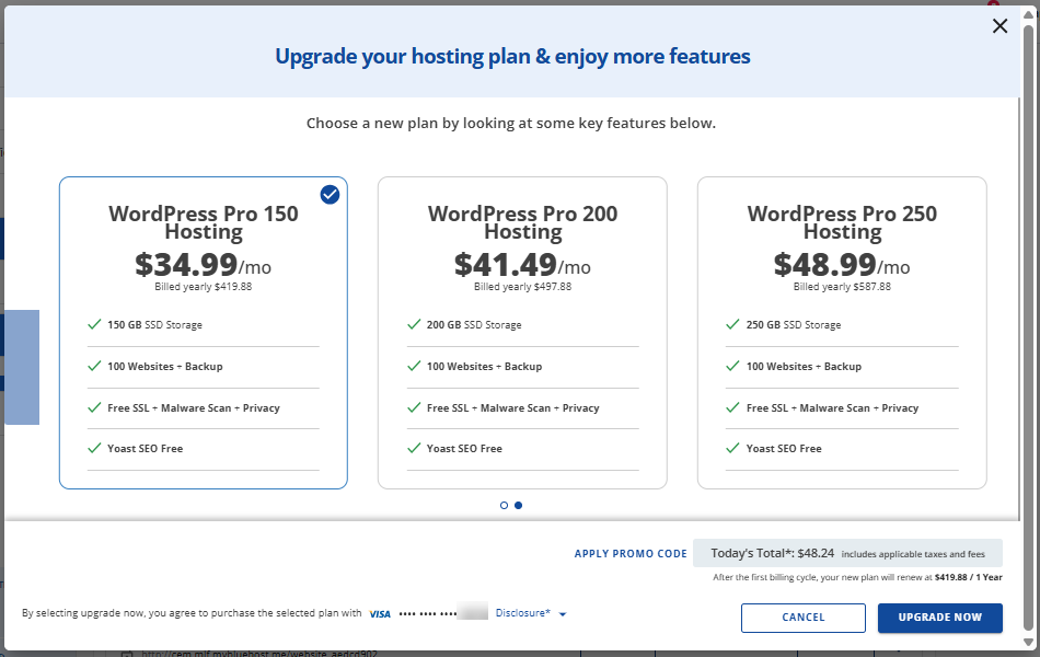 Upgrade Hosting Plan - Select your Pro hosting plan