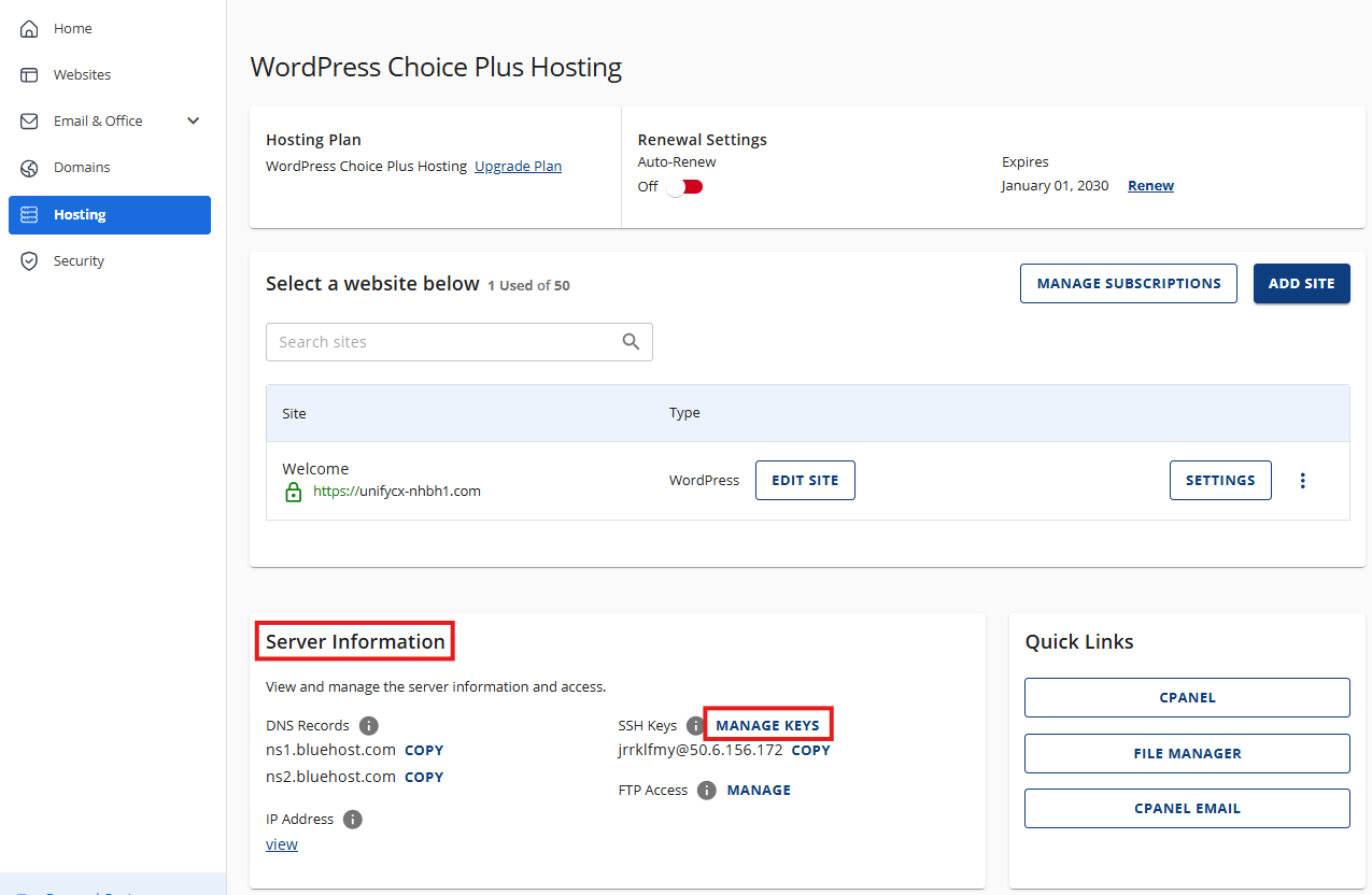 Manage Keys under Server Information in the Hosting tab the Bluehost Account Manager