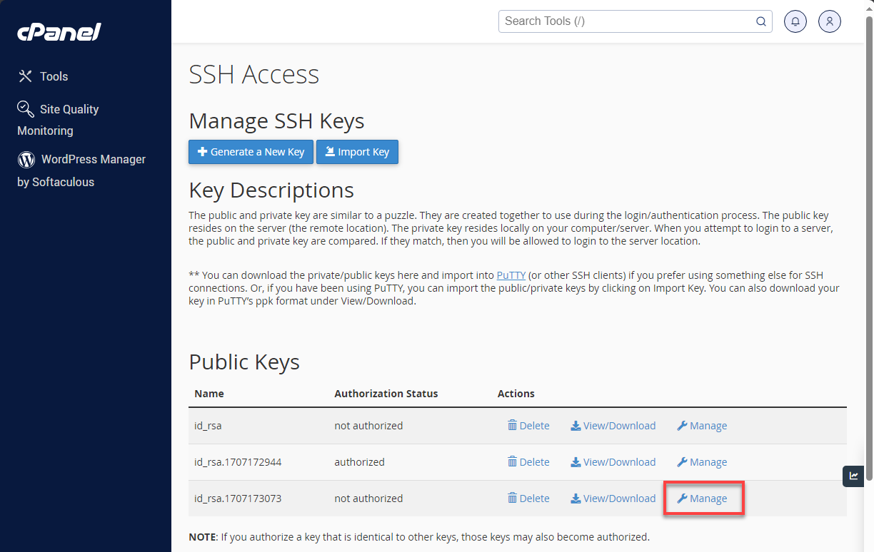 Bluehost cPanel SSH Access Public Keys Manage