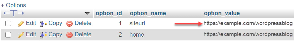 phpMyAdmin - option_value column - siteurl line