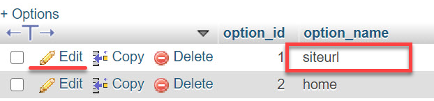 phpMyAdmin - Edit temporary URL - siteurl