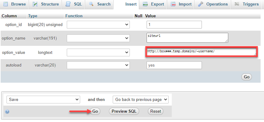 Change temporary URL - siteurl option_value