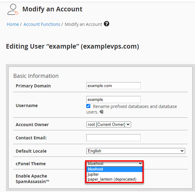 WHM Modify An Account for Broken cPanel themes