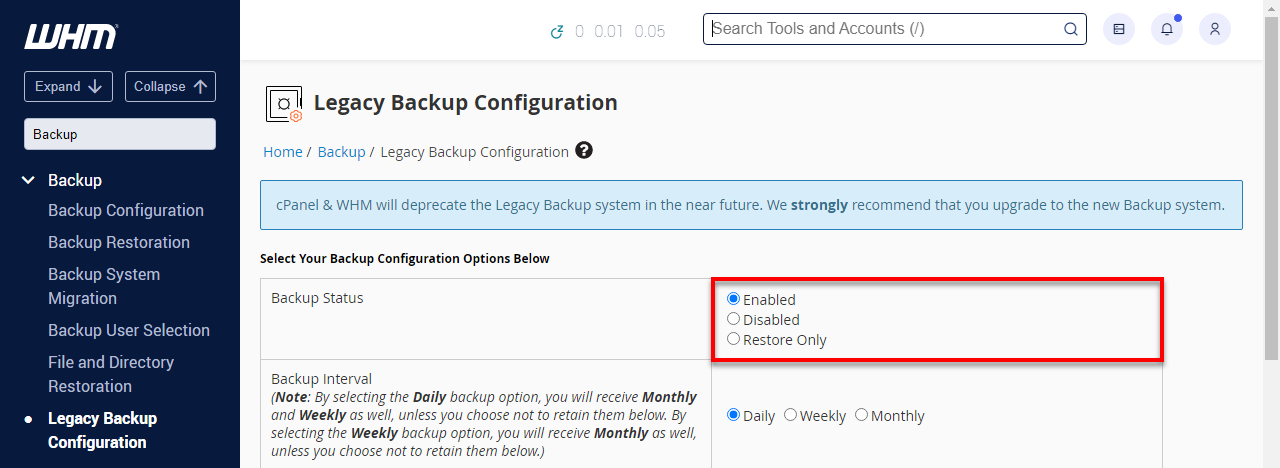 WHM - Legacy Backup Options