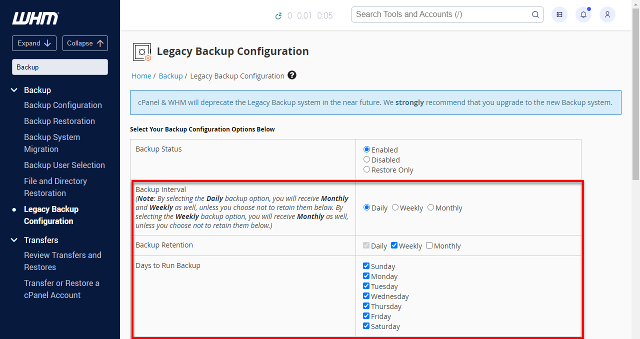 WHM - Backup Interval Options