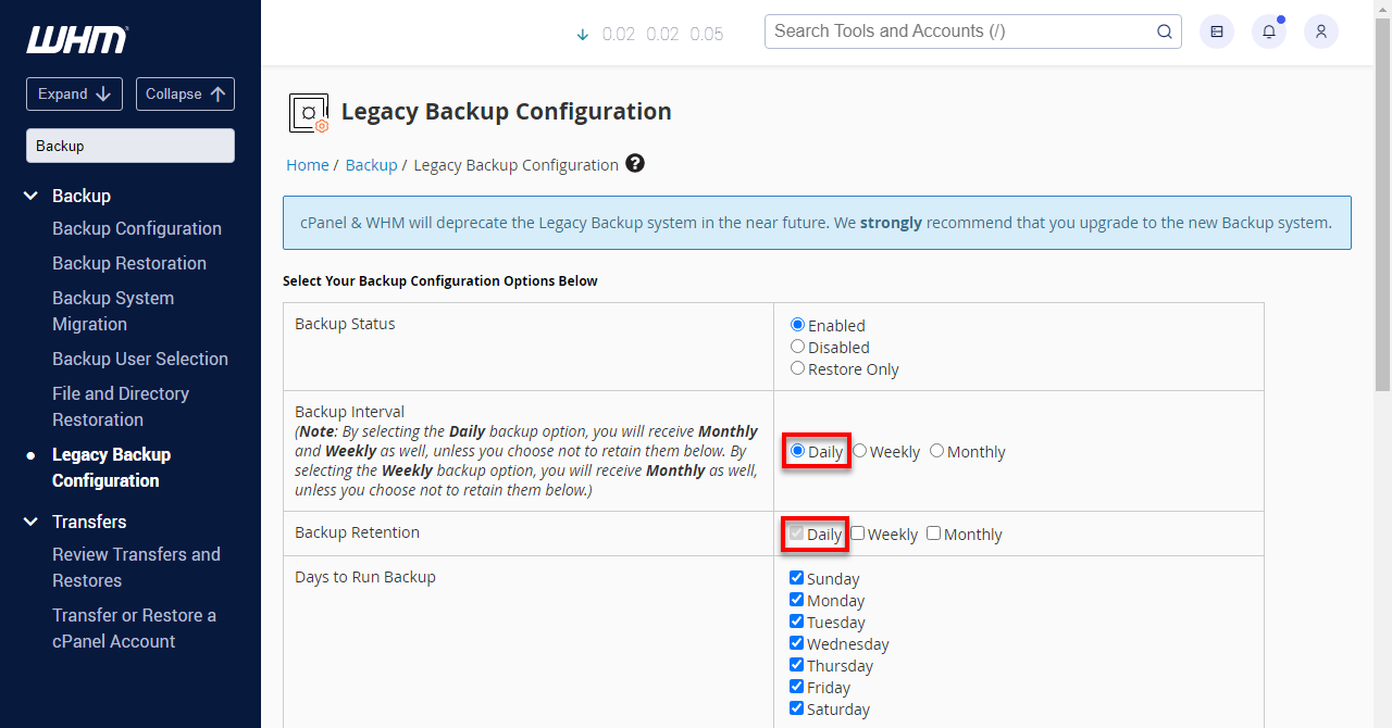 WHM - Backup Interval Options - Daily